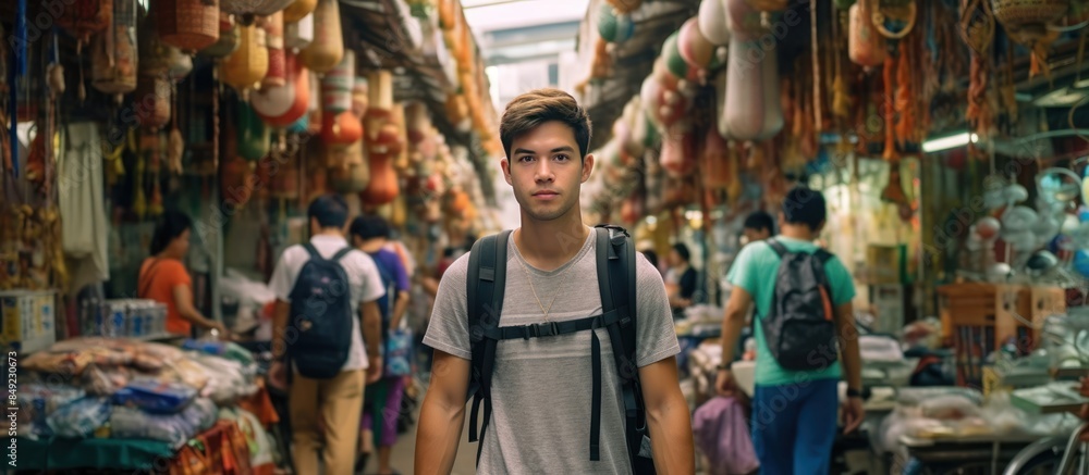 Young Man Walking Through a Busy Market Young Man Walking Through a Busy Market