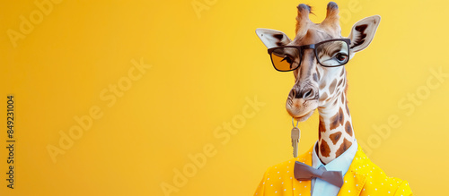 Giraffe in Yellow Suit Holding a Key in Mouth Against Yellow Background