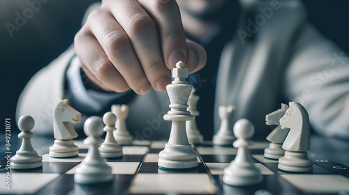 business strategy on a chess board a white person's hand holds a chess board while another hand looks on