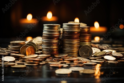 A pile of coins on a table with one of them marked as gold coins., generative IA