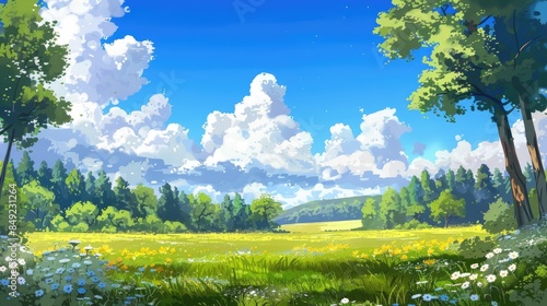 Summer scenery featuring meadow woods and clouds under the clear blue sky
