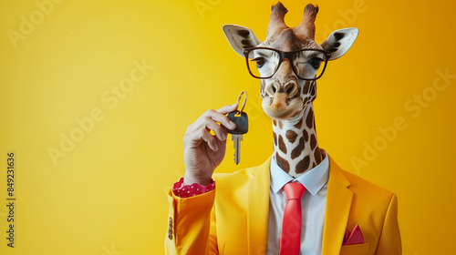 Giraffe in Yellow Suit Holding a Key Against Yellow Background