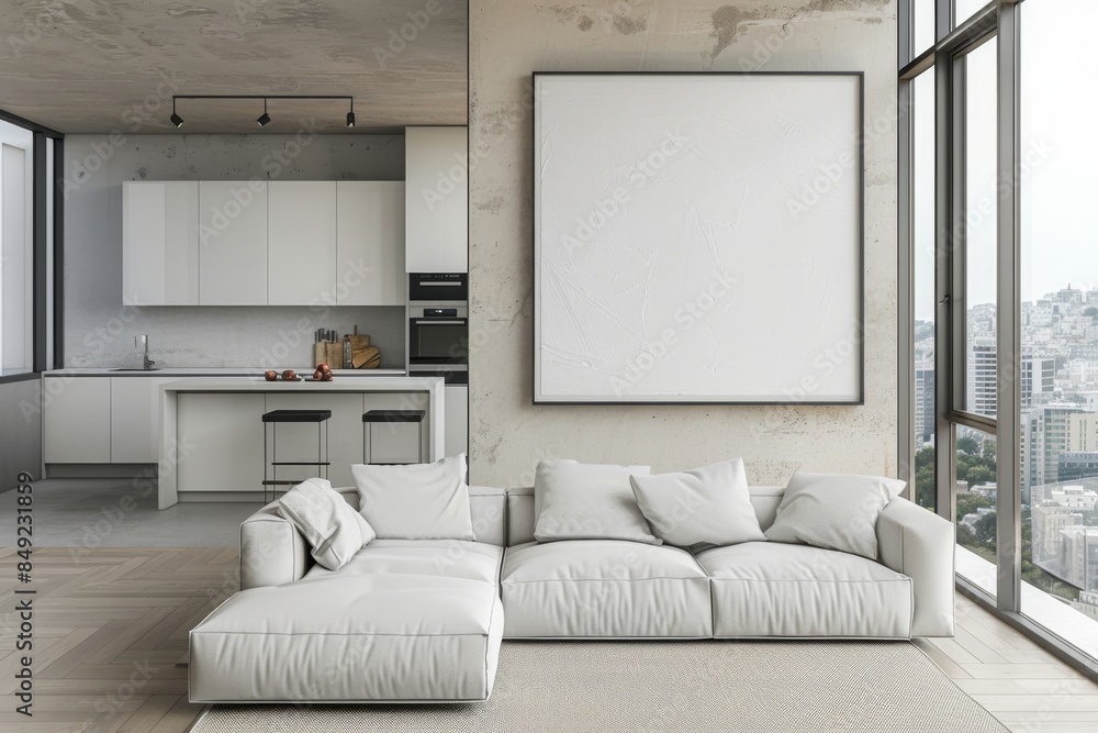 Stock AI, white sofa, coffee table, and blank poster on wall in a bright living room. Stock AI, white sofa, coffee table, and blank poster on wall in a bright living room.