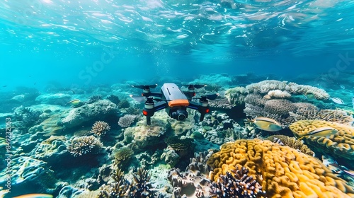 High-Tech Underwater Drone Exploring Vibrant Coral Reef Ecosystem in Clear Blue Ocean