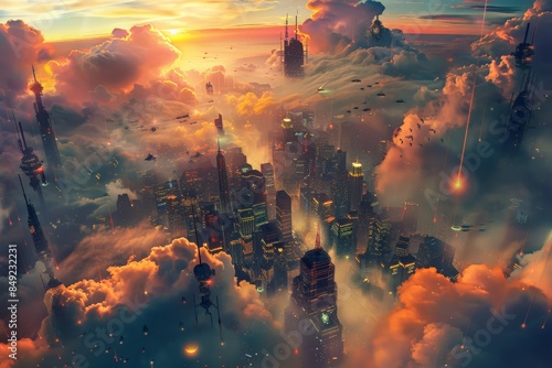 Futuristic cityscape above the clouds at sunset with towering skyscrapers and vibrant, colorful skies radiating a blend of science fiction. #849232231