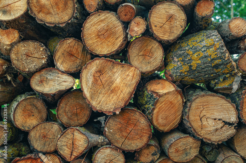 Wall of cut logs with bark and texture of tree rings. Background of cross-section cylindrical logs. Wall of cut logs with bark and texture of tree rings. Background of cross-section cylindrical logs.