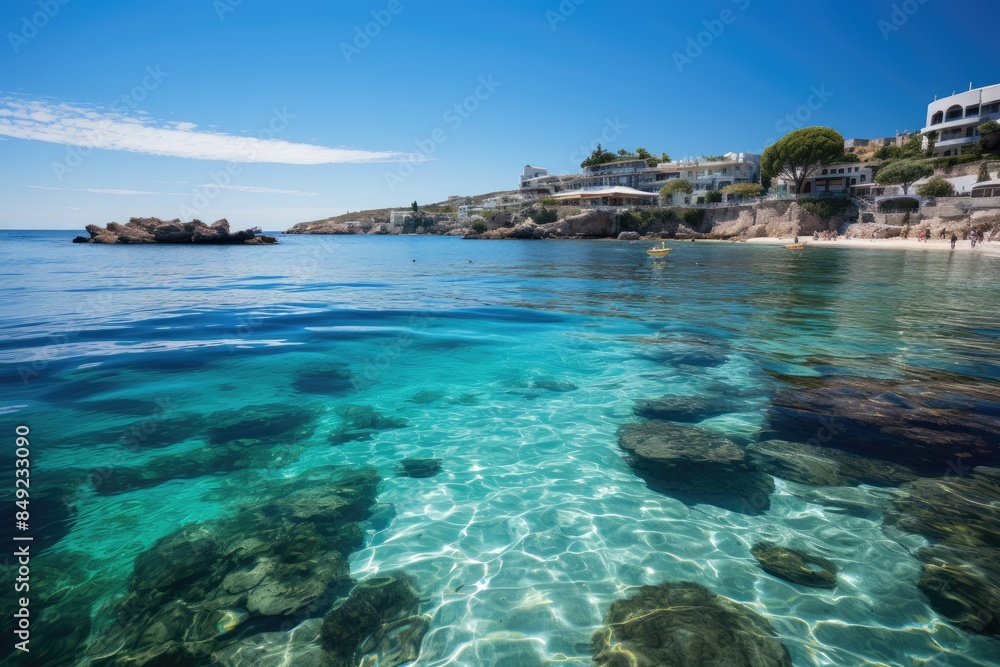 Golden Bay Beach Golden sand and crystal clear waters., generative IA Golden Bay Beach Golden sand and crystal clear waters., generative IA
