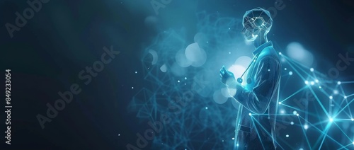 An image combining healthcare with artificial intelligence, showing a medical professional