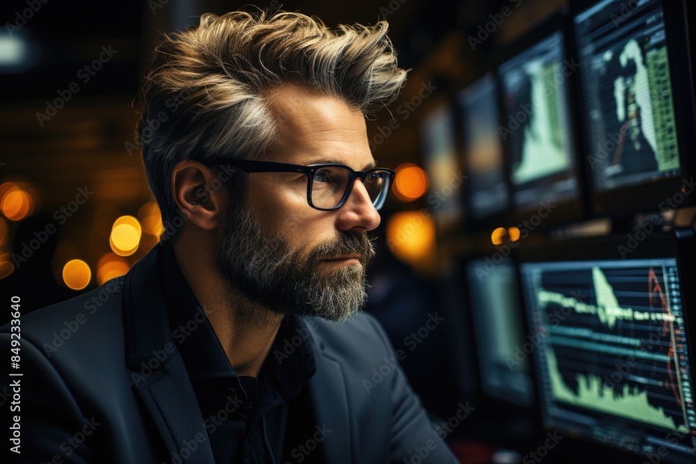 Portrait of experienced financial expert in the office. Serious and attentive man,, generative IA Portrait of experienced financial expert in the office. Serious and attentive man,, generative IA