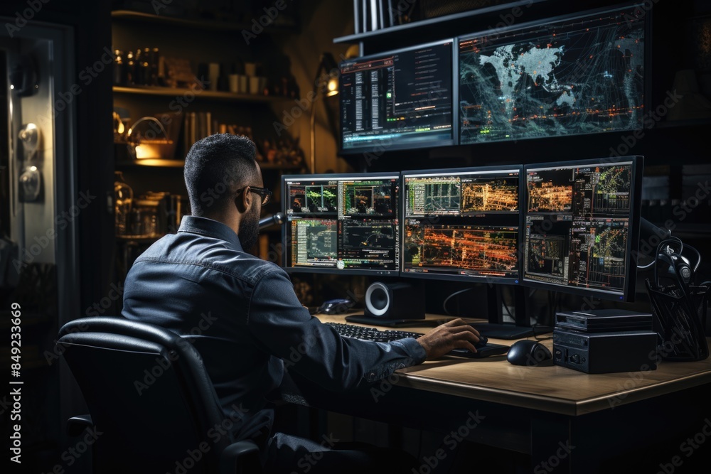 Forex negotiation agent sitting at the table with multimonitor workstation while v, generative IA Forex negotiation agent sitting at the table with multimonitor workstation while v, generative IA