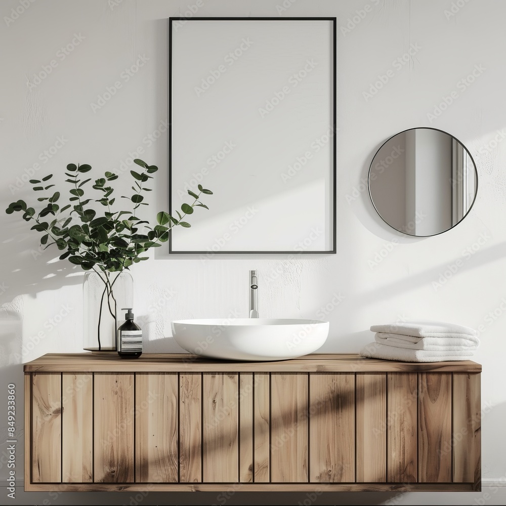 Fototapeta premium Home bathroom interior with mockup frame and sink on wooden wall