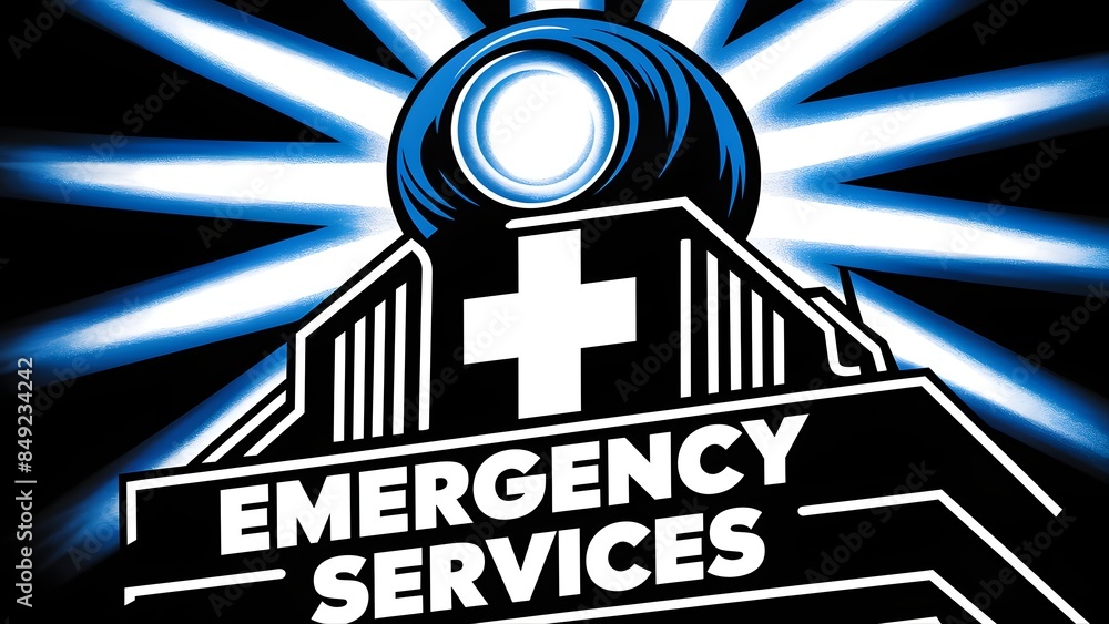 Below the siren, there's a depiction of a building or structure with a white cross on it, symbolizing medical or healthcare services. The words 'EMERGENCY SERVICES' are written below the graphic Below the siren, there's a depiction of a building or structure with a white cross on it, symbolizing medical or healthcare services. The words 'EMERGENCY SERVICES' are written below the graphic