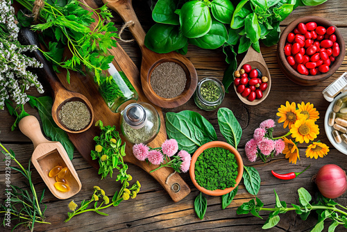 Assortment of fresh herb and spice on wooden backdrop. Variety of culinary ingredient for healthy cuisine. Selection of aromatic herb and spice for gourmet dish in above view. photo