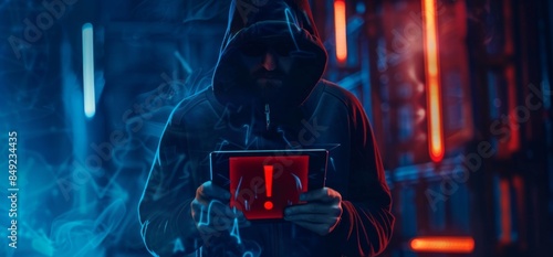 Wearing a hoodie and holding a tablet with warning symbols