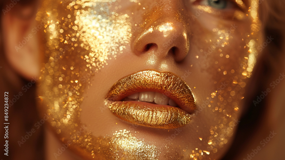 Fashion art Golden skin Woman face portrait closeup. Model girl with holiday golden Glamour shiny professional makeup. Gold jewellery, jewelry, accessories. Beauty gold metallic body, Lips and Skin Fashion art Golden skin Woman face portrait closeup. Model girl with holiday golden Glamour shiny professional makeup. Gold jewellery, jewelry, accessories. Beauty gold metallic body, Lips and Skin