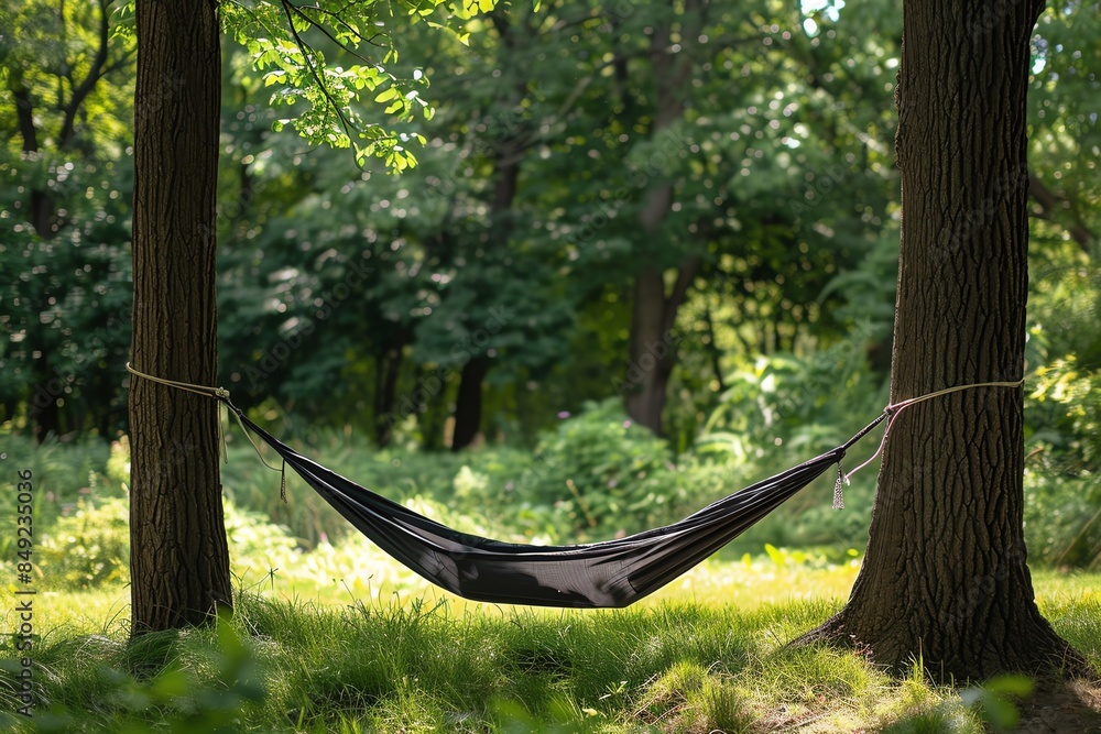 Obraz premium A hammock strung between two trees, realistic photo, full HD focus,
