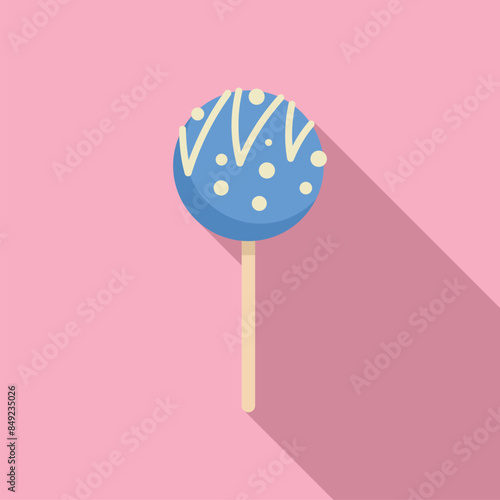Blue cake pop with white chocolate topping standing on pink background with long shadow