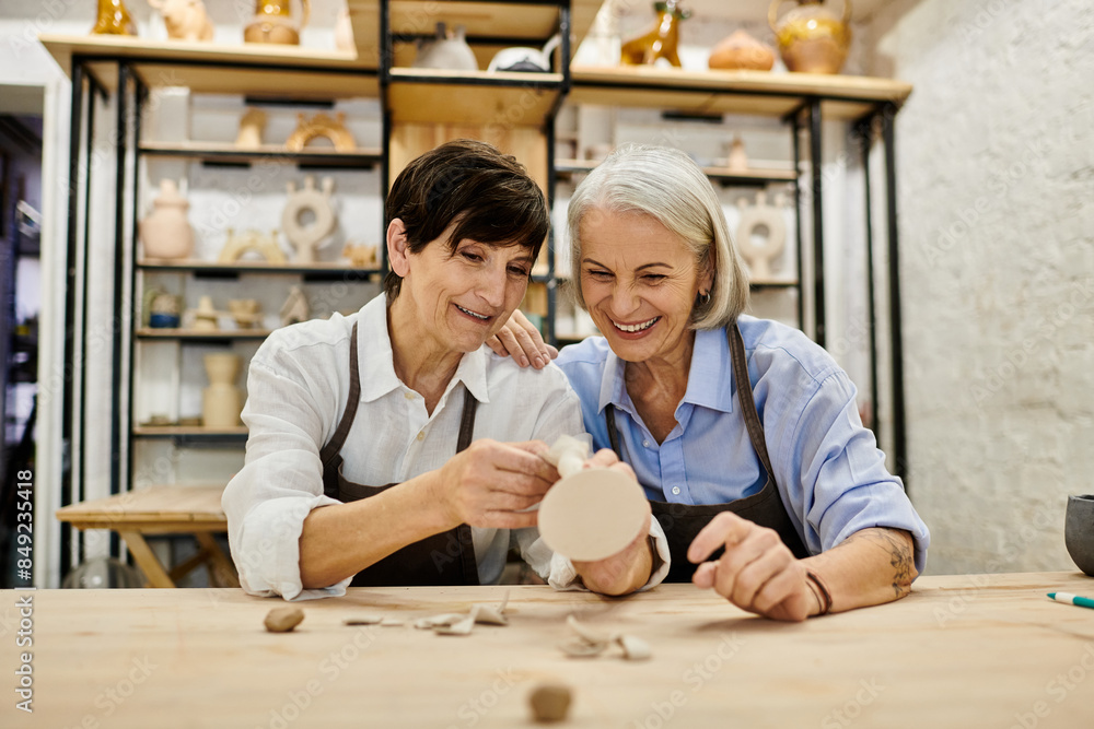 Two mature women smile and laugh as they work on pottery in a cozy art studio. Two mature women smile and laugh as they work on pottery in a cozy art studio.