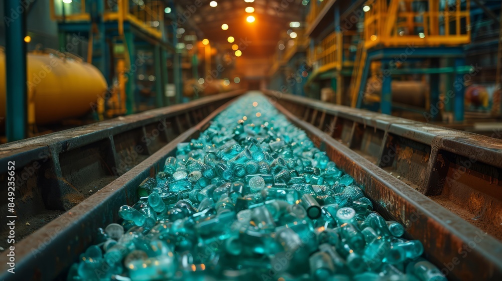 Endless Conveyor Belt of Recycled Glass Bottles in Industrial Recycling Facility. Endless Conveyor Belt of Recycled Glass Bottles in Industrial Recycling Facility.