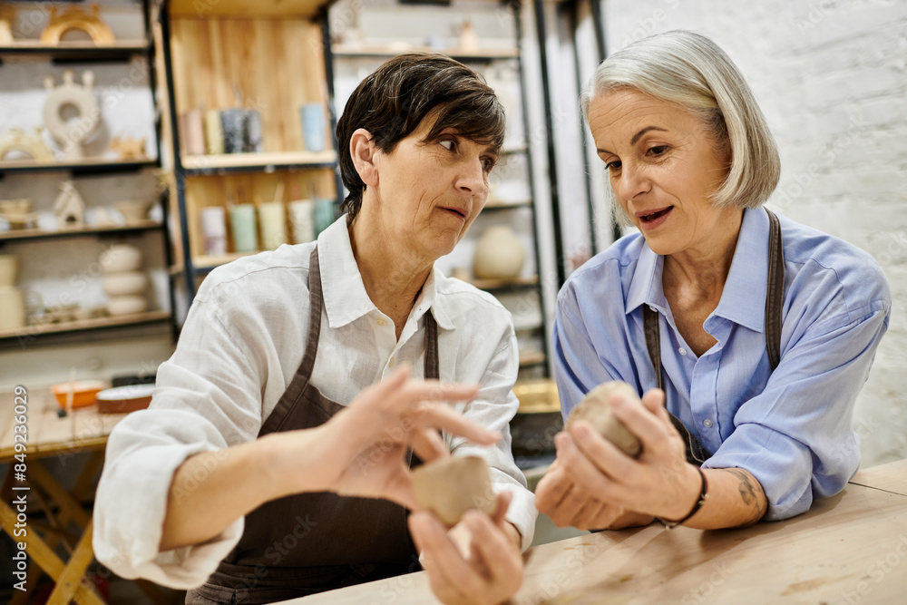 Obraz premium A lesbian couple works together on pottery projects in a cozy studio.