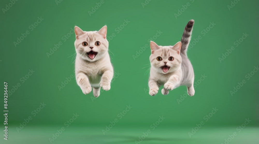 A cute kitten is happy and jumping on a green background. Ginger kitten with paws up on a green background. Cute pet concept poster. Studio portrait Green Screen A cute kitten is happy and jumping on a green background. Ginger kitten with paws up on a green background. Cute pet concept poster. Studio portrait Green Screen