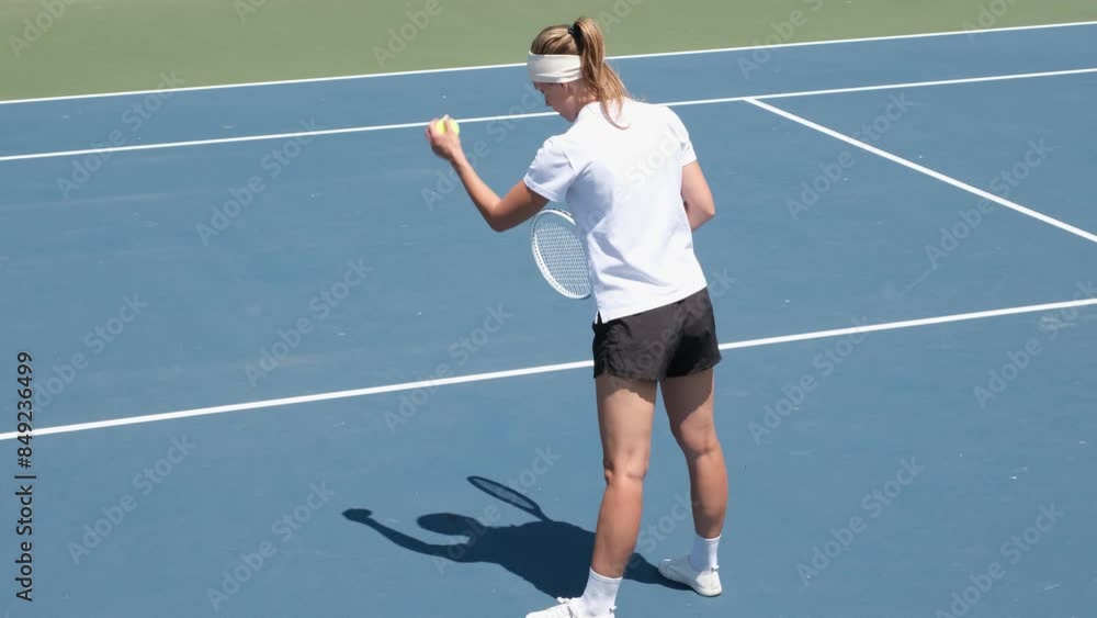 woman getting ready to play tennis on the blue court woman getting ready to play tennis on the blue court