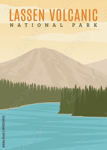 lassen volcanic national park poster vintage vector illustration design. national park in california america vintage poster design