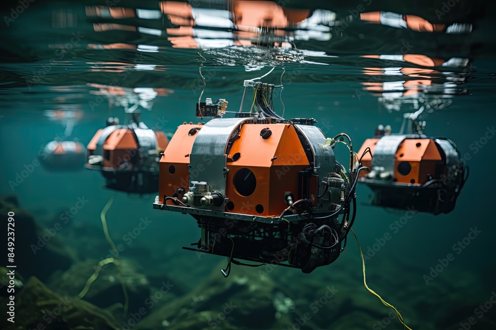 Ocean robot fleet captures plastic in coordinated action., generative IA Ocean robot fleet captures plastic in coordinated action., generative IA