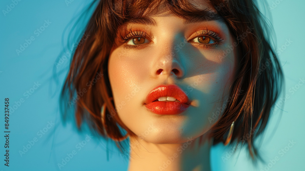 Glamour fashion girl. Beauty face with bright makeup. Young beautiful woman with a bob hairstyle posing at studio. Close up art portrait of an young attractive woman with blue background. Glamour fashion girl. Beauty face with bright makeup. Young beautiful woman with a bob hairstyle posing at studio. Close up art portrait of an young attractive woman with blue background.