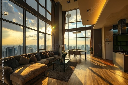 An interior of a green home with a relaxing and dining zone, panoramic views