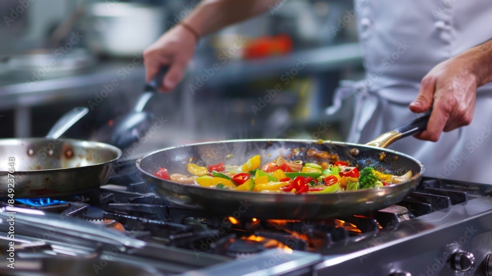 A chef skillfully tossing vegetables in a sizzling frying pan over a stove in a professional kitchen A chef skillfully tossing vegetables in a sizzling frying pan over a stove in a professional kitchen