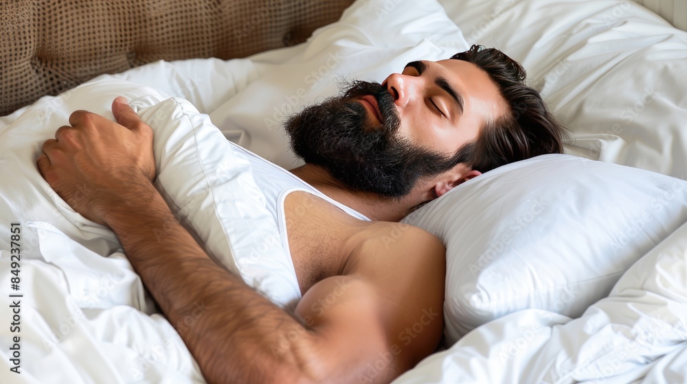 a handsome man sleeping soundly in bed, surrounded by white pillows and blankets against a cozy bedroom backdrop. a handsome man sleeping soundly in bed, surrounded by white pillows and blankets against a cozy bedroom backdrop.