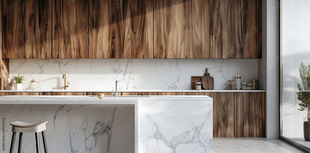 There is a light kitchen interior with a counter and seats, shelves and kitchenware, and a window There is a light kitchen interior with a counter and seats, shelves and kitchenware, and a window