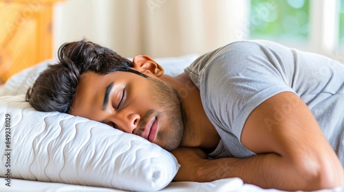 a handsome man sleeping soundly in bed, surrounded by white pillows and blankets against a cozy bedroom backdrop