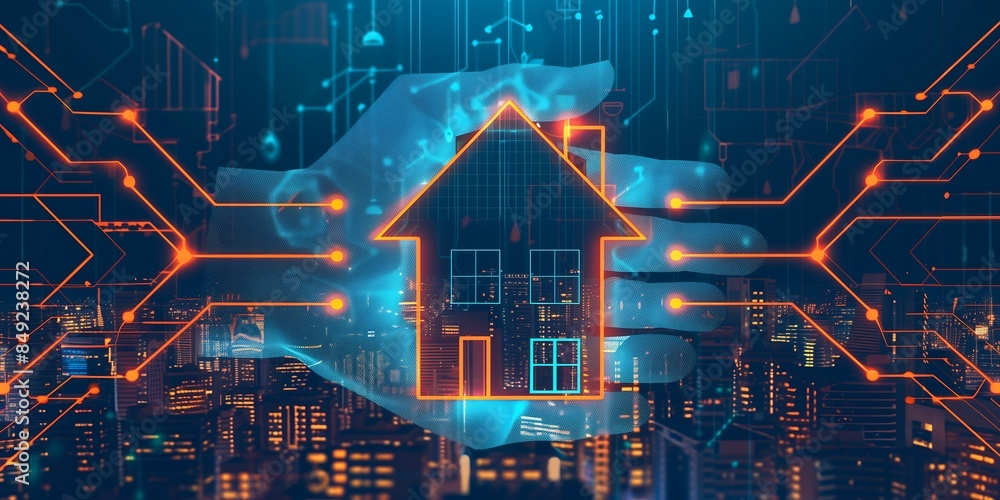 A digital hands shaking, above them is an upward arrow and below it the silhouette outline of a house with a cityscape background. The arrows have glowing effects to symbolize growth or success A digital hands shaking, above them is an upward arrow and below it the silhouette outline of a house with a cityscape background. The arrows have glowing effects to symbolize growth or success