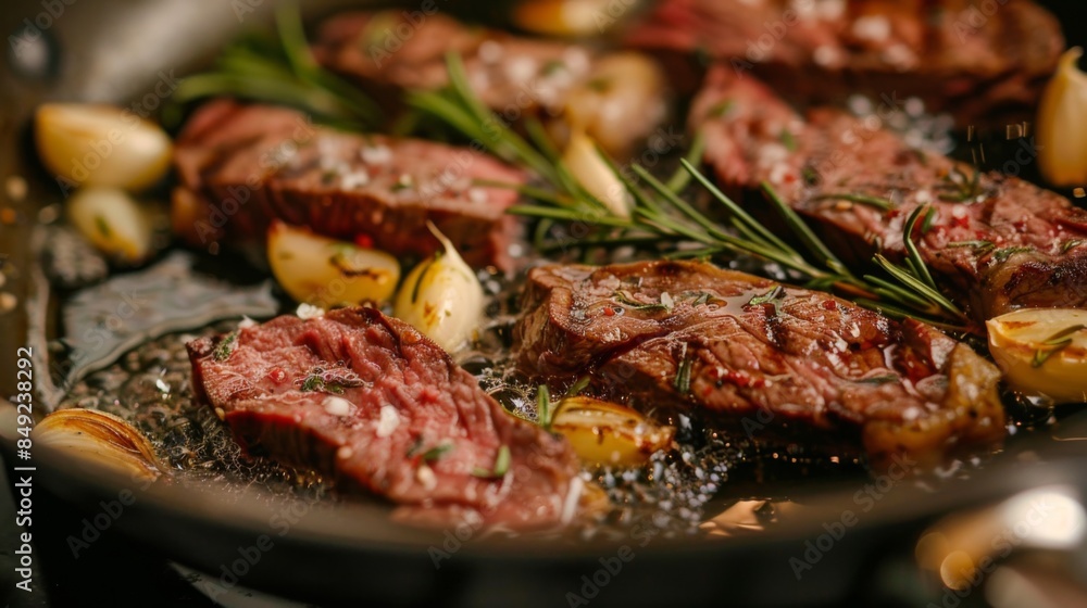 A close-up of a frying pan with perfectly seared steak, garlic, and rosemary sizzling in butter A close-up of a frying pan with perfectly seared steak, garlic, and rosemary sizzling in butter