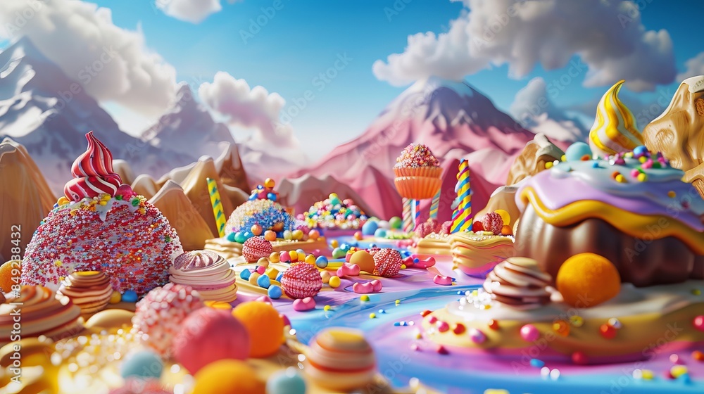 The scene is a colorful candy landscape with a blue sky with clouds and light background. It is fantasy, whimsical, and has been modeled using artificial intelligence. The scene is a colorful candy landscape with a blue sky with clouds and light background. It is fantasy, whimsical, and has been modeled using artificial intelligence.