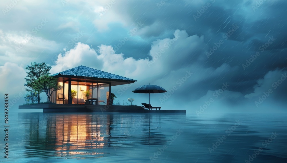 House with a large umbrella and a stormy landscape. Concept of home protection in stock AI. House with a large umbrella and a stormy landscape. Concept of home protection in stock AI.