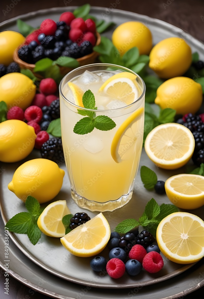 A glass of lemonade with lemon slices and mint leaves , surrounded by various fruits and berries on a tray A glass of lemonade with lemon slices and mint leaves , surrounded by various fruits and berries on a tray