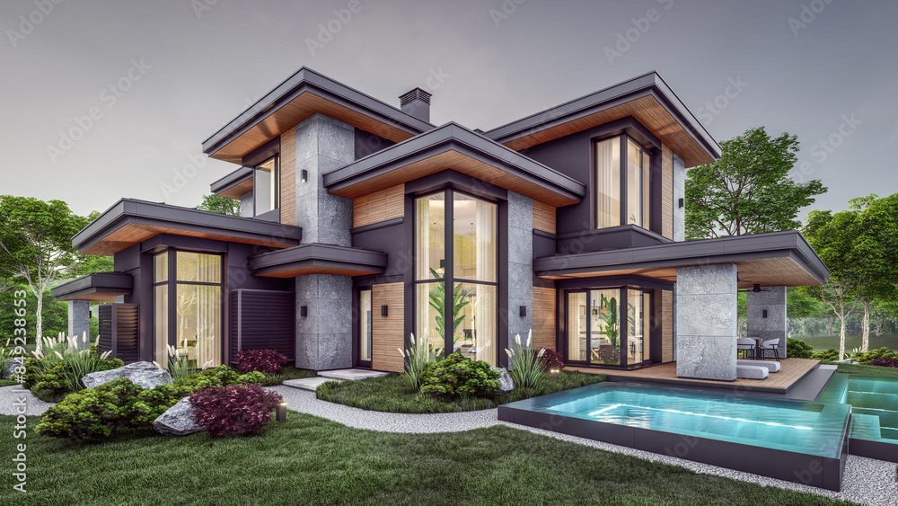 Fototapeta premium 3d rendering of modern two story house with gray and wood accents, large windows, parking space in the right side of the building. Clear summer evening with cozy light from window
