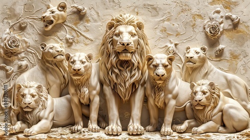 Beautiful lions 3d relief wallpaper. Mural wallpaper. Wall art. AI generated illustration.