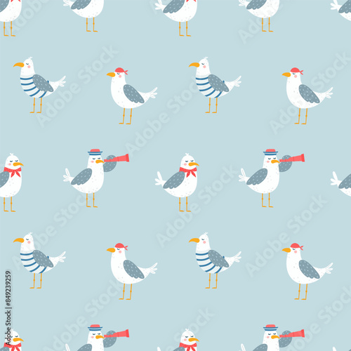 Cute seagulls seamless pattern. Vector illustration in simple cartoon style.
