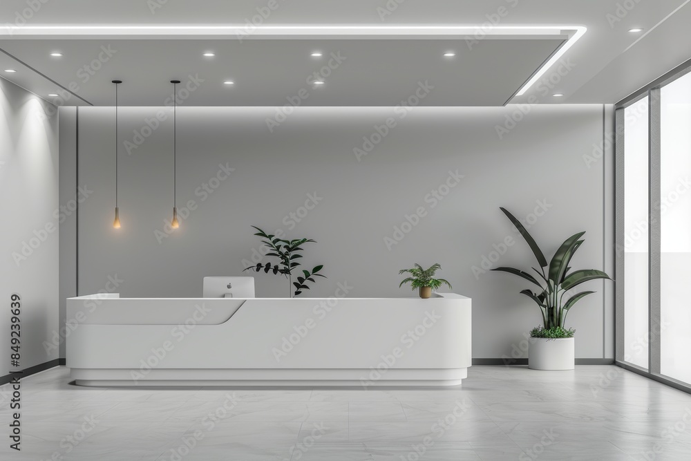 A white office interior desk with a computer and a panoramic window. A white office interior desk with a computer and a panoramic window.