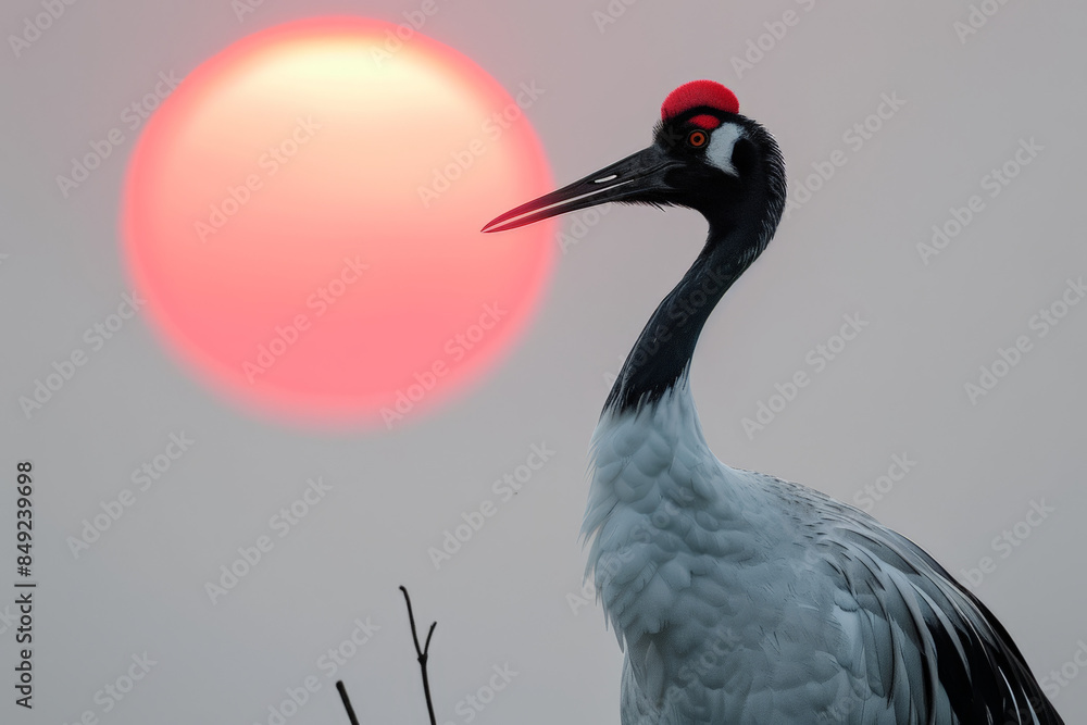Fototapeta premium A majestic crane stands by a riverbank during sunset, surrounded by lush vegetation and bathed in warm evening light. 