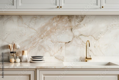 An interior rendering of a modern kitchen concept with beige marble backsplash, gold faucet, and a light background. Three-dimensional rendering of a kitchen design concept.
