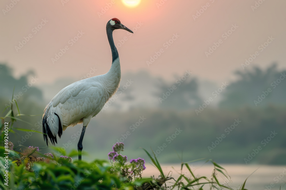 Fototapeta premium A majestic crane stands by a riverbank during sunset, surrounded by lush vegetation and bathed in warm evening light. 