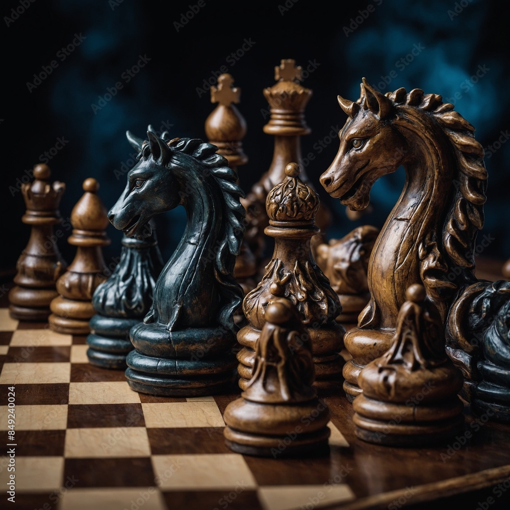 Fototapeta premium A chess set with pieces designed as mythical beasts.