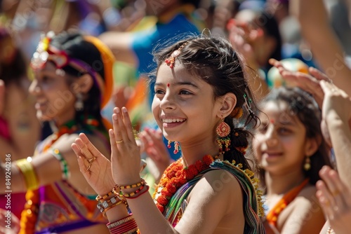 A young girl dressed in traditional Indian attire claps along to the music during a bustling community festival