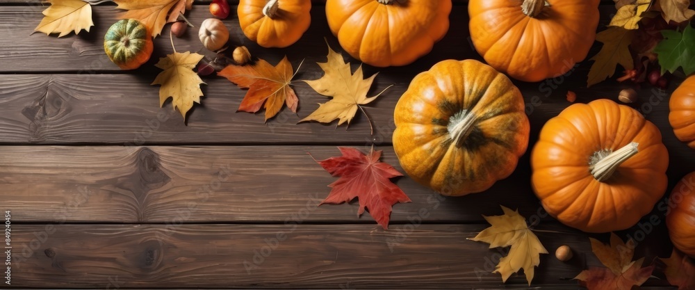 autumn background with pumpkin elements on a wooden board. Autumn Thanksgiving background. Pumpkins, acorns and leaves on wooden board autumn background with pumpkin elements on a wooden board. Autumn Thanksgiving background. Pumpkins, acorns and leaves on wooden board