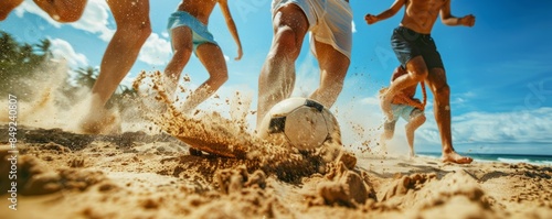 Group of people playing beach soccer, action shot, and sandy feet, 4K hyperrealistic photo.
